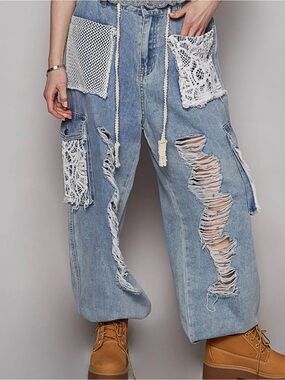 POL Light Blue Distressed Crochet Accent Boyfriend Jeans